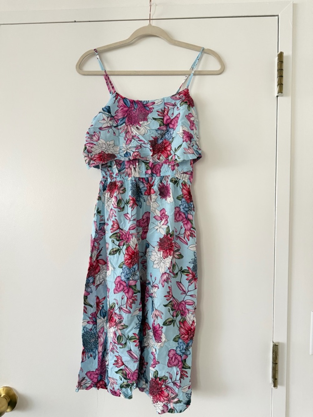 Light Blue Floral Spaghetti Strap Dress with Pink & Red Blooms